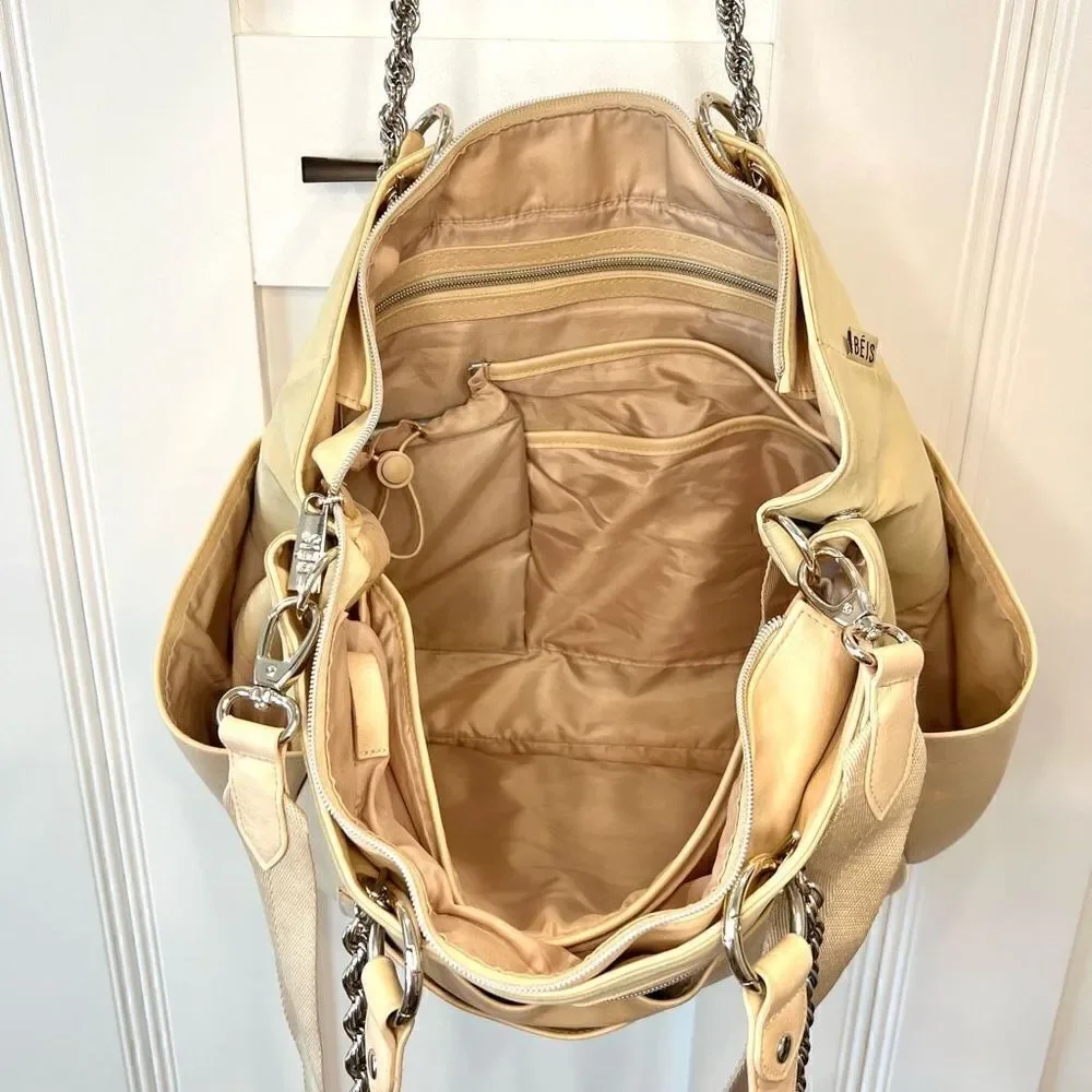 Beis The Baby Bag in Beige Buffalo Trim Vegan Leather 5 Pockets Gold Hardware